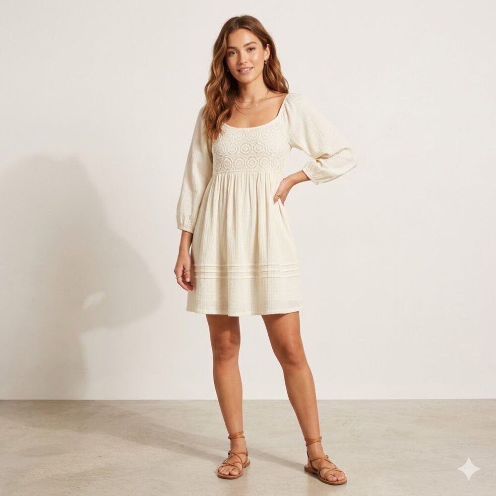 Sanctuary Boho-Chic Crochet Bodice Mini Dress Smocked Cottagecore Dress SZ XS